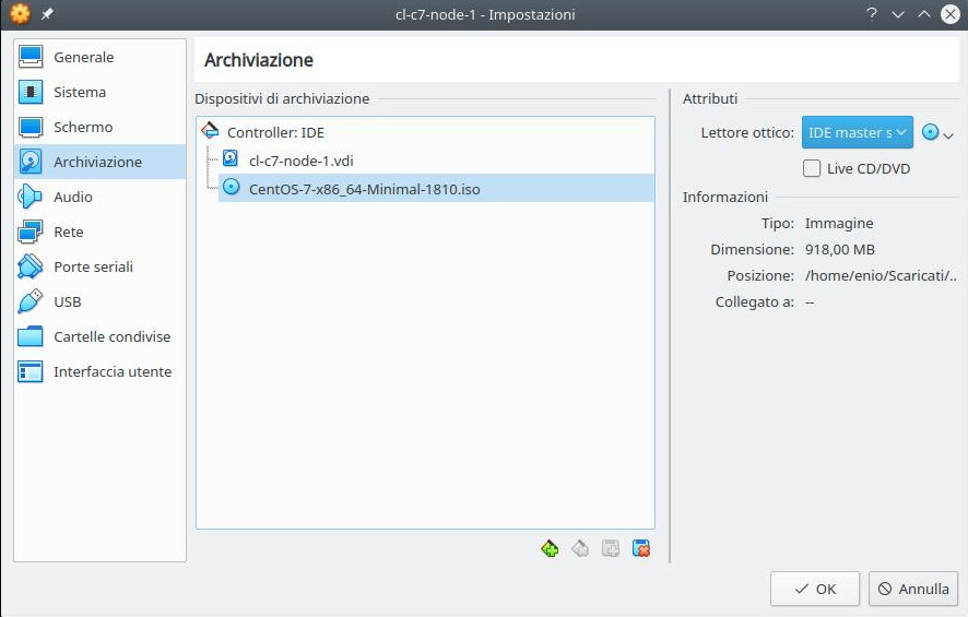 Cluster linux: installazione nodo 1 (iso centos 7 minimal)